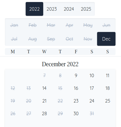 Wedding availability calendar screenshot